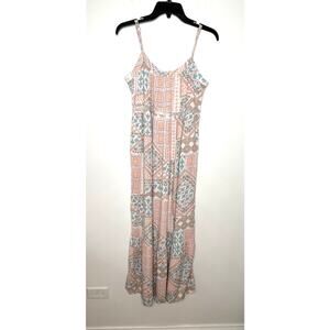 Pink Rose Patchwork Print Strappy Sun Dress L Maxi Adj Strap
